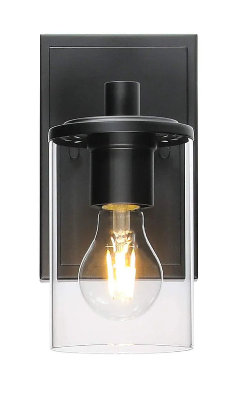 1 Light Slick Black Bathroom Vanity Sconce With Clear Tubular Glass Shade Modern Indoor Wall Lighting Hardwired Fixture Up Or Down Mount Easy Install For Any Decor