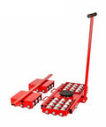 Badass Industrial Machinery Moving Skates Built To Haul Big Loads Smoothly Without Breaking A Sweat Featuring Steel Rollers And Fortified Shafts Up To 48 Ton, red heavy-duty skates with rollers and a pull handle.