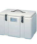 Hella Insulated Dry Ice Storage Carrier With Rock Solid Double Wall Polyethylene Construction For Heavy Duty Field Hauling And Super Chill Portable Temp Retention, white cooler with lid and handle.