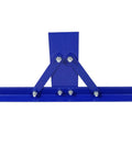 Blue metal H-frame shop press base, side view, with diagonal support arms and mounting bolts