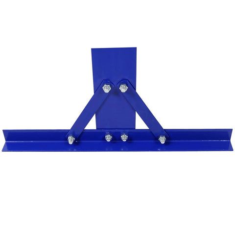 Blue metal H-frame shop press base, side view, with diagonal support arms and mounting bolts