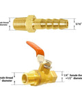 Brass fitting and valve with orange handle, showing G1/8" male and 1/4" female threads, 5/16" barb in detail.