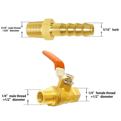 Brass fitting and valve with orange handle, showing G1/8" male and 1/4" female threads, 5/16" barb in detail.