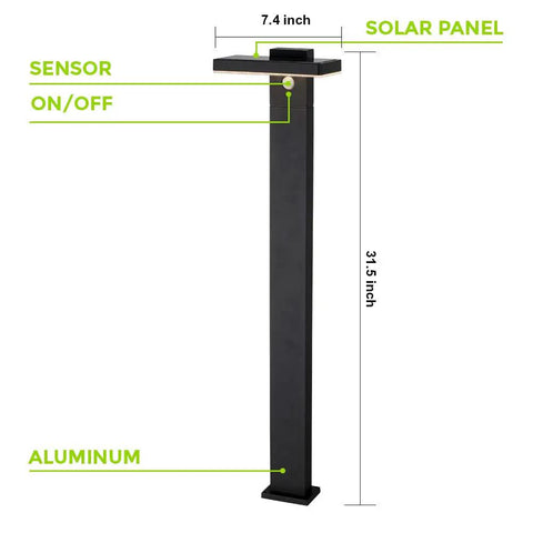Solar Landscape Path Lights Outdoor Motion Sensor Garden LED Light Aluminum Waterproof with dimensions and labels