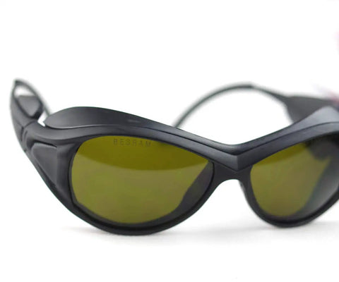 Kickass IR Infrared Laser Safety Glasses With OD4 Plus Protection For Fiber Laser Welding Engraving And Cutting Equipment, black frame with dark green lenses.