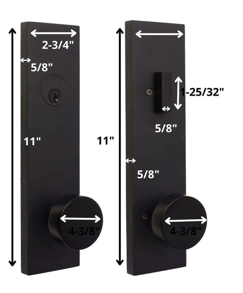 Addy Entry Handle With Mesa Knob Keyed Handleset Matte Black Front Door Hardware Complete Set with size measurements