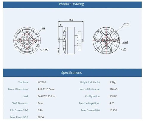 Technical diagram of 1.5mm Shaft Brushless Motor With 2900KV 3800KV And 4600KV For 3 To 6S FPV Drones 2.5 To 4 Inch Quadcopters Pack Of Four