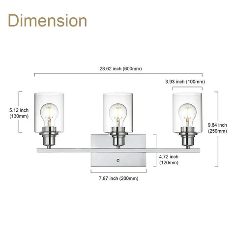 Three Light Chrome Vanity Wall Light With Clear Glass Shade For Modern Bathrooms And Powder Rooms dimensions diagram