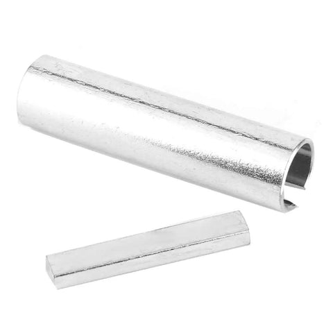 Five Eighth To Three Quarter Inch Engine Shaft Adapter Pulley Bore Reducer Sleeve With Key Heavy Duty Metal Bore Adapter For Gas Engine Crankshaft Using Three Sixteenth Inch Keyway Three Inch Length DIY Friendly Garage Tool, showing adapter sleeve and key.