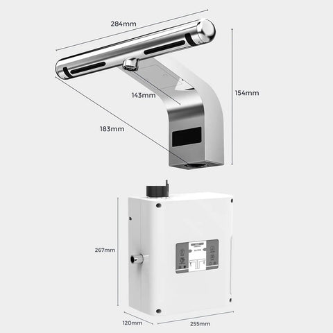 Eoweiot 1150W Hand Dryer with Sensor Faucet dimensions showing chrome finish and white base for induction hand drying.