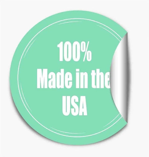 Circular sticker with text '100% Made in the USA' in white on a teal background.