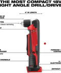 Heavy Duty Cordless Lithium Ion Right Angle Drill Compact High Torque Quick Disconnect Battery Power Tool shown side view with specs.