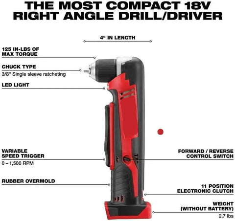 Heavy Duty Cordless Lithium Ion Right Angle Drill Compact High Torque Quick Disconnect Battery Power Tool shown side view with specs.