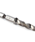 HSS M8x1.25 drill tap bit with hex shank; 3-in-1 drilling, tapping, chamfering tool for soft metals