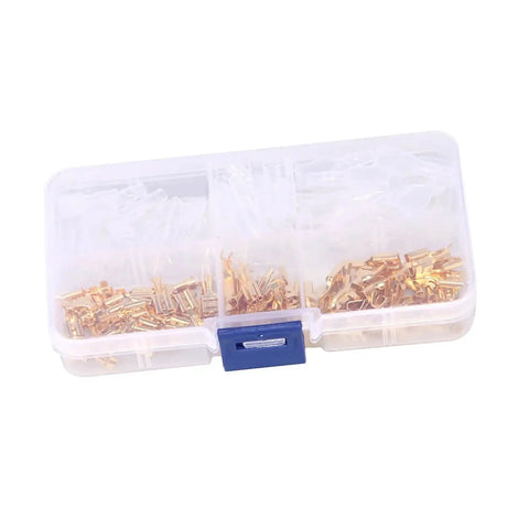 Kickstart Your DIY Projects With This Awesome 150 Piece Assorted Female Crimp Spade Terminal Kit Featuring 2.8mm 4.8mm And 6.3mm Connectors Plus Full Insulation Sheath For Serious Wire Wrapping Mastery. Transparent plastic case with assorted gold female spade terminals