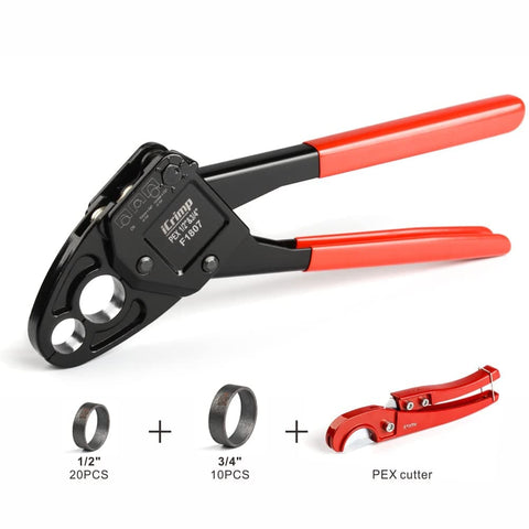 Angle PEX Crimping Tool Kit For One Half Inch And Three Quarter Inch PEX Rings With Go No Go Gauge And PEX Pipe Cutter Includes Copper Rings Fits US F1807 Standards Pro Grade PEX Plumbing Set