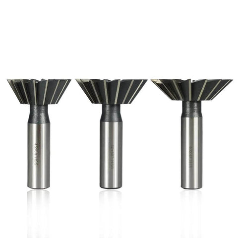 Dovetail milling cutter set (3) HSS end mills with 45°/55°/60° angles on cylindrical shanks.
