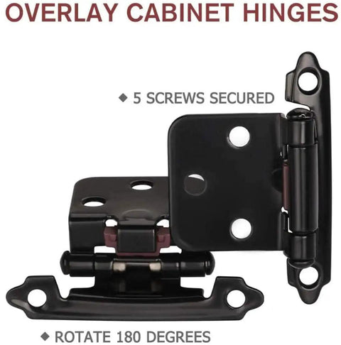 Matte Black Overlay Cabinet Door Hinges Set For Half Inch Overlay SelfClosing Hardware For Kitchen Cabinets Cupboards And Furniture Doors 50 Pieces 25 Pairs, showing hinge and screw details