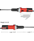 Six Inch Extra Long Extension Electric Die Grinder With Quarter Inch Collet Variable Speed Corded Power Tool For Metal Grinding Polishing Deburring And Welding Repairs 10000 To 33000 RPM shown side view with measurements