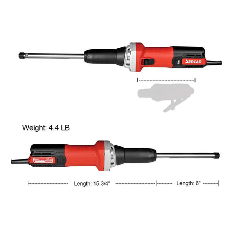 Six Inch Extra Long Extension Electric Die Grinder With Quarter Inch Collet Variable Speed Corded Power Tool For Metal Grinding Polishing Deburring And Welding Repairs 10000 To 33000 RPM shown side view with measurements