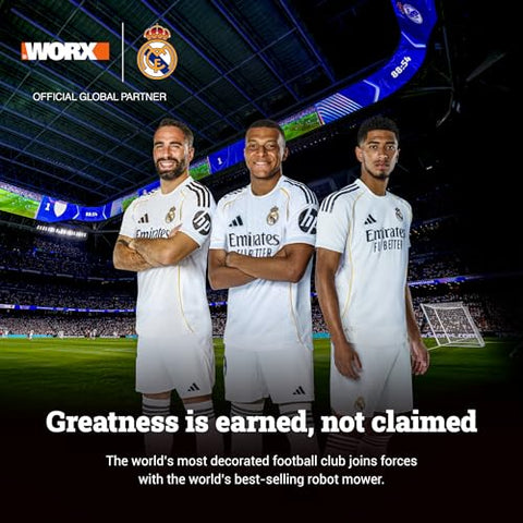 Three football players in white kits on a stadium field, with Worx and football club logos, promoting partnership.