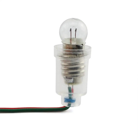 Heavy Duty E10 Miniature Screw Base Light Bulbs 1.5 Volt 0.3 Amp Pack Of Twenty Five close-up view with wires attached.