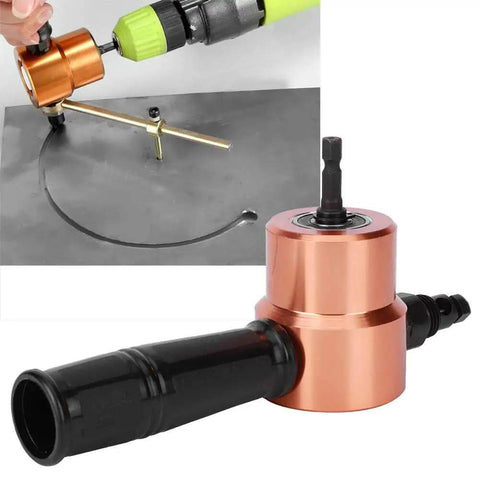 Double Head Metal Nibbler Drill Attachment for Sheet Metal in use cutting steel with drill, dual head tool shown in gold and black finish.