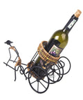 Handmade Asian Style Rickshaw Puller Wine Bottle Holder With Natural Rattan Accents, vintage wine holder with visible bottle.