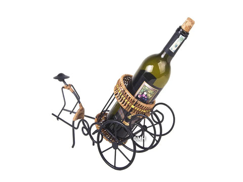 Handmade Asian Style Rickshaw Puller Wine Bottle Holder With Natural Rattan Accents, vintage wine holder with visible bottle.