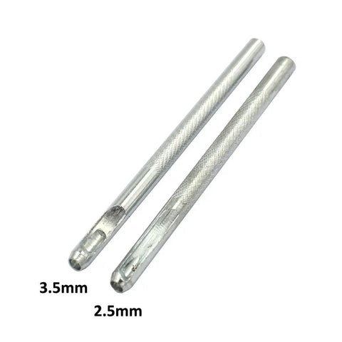Metal Snap Button Setter Kit With 10 Snap Setters And Hole Punch Base, showing 2.5mm and 3.5mm metal hole punch tools