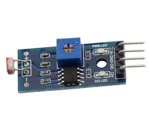 Front view of Three Pack Photosensitive Sensor Module for Light Intensity Detection with photoresistor, LM393 comparator on a blue circuit board.
