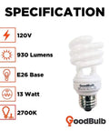 13 Watt Compact Fluorescent Bulb 2700K Warm White True Mini Spiral CFL Light Bulbs With E26 Medium Base Pack Of 2 specifications