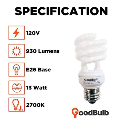 13 Watt Compact Fluorescent Bulb 2700K Warm White True Mini Spiral CFL Light Bulbs With E26 Medium Base Pack Of 2 specifications