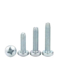 Top Shelf Galvanized Steel Phillips Cross Pan Thread Forming Machine Screws M6 X 16mm at different lengths showing rust protection.