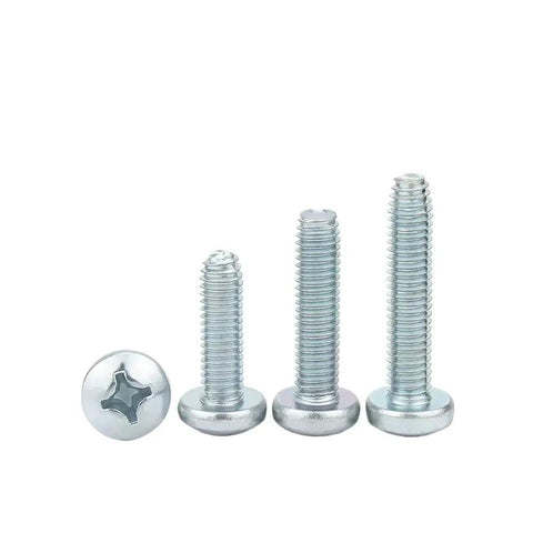 Top Shelf Galvanized Steel Phillips Cross Pan Thread Forming Machine Screws M6 X 16mm at different lengths showing rust protection.