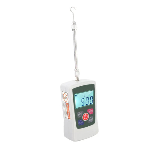 Hand Push Pull Force Gauge 50N Digital Tester With Limit Setting And Alarm, Backlit Readout For Easy Readings In N Kg Lb Oz, Pro Grade Ultra Accurate Sensor For A Workshop Ready Tool, white handheld unit with hook