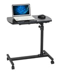 Crush Your Daily Grind With This Rock Solid Adjustable Height Rolling Computer Desk Featuring Lockable Casters And Portable Standing Workstation For Home Office Smooth Mobile Laptop Station Black with laptop and mouse.