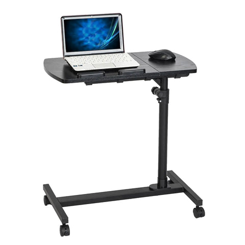 Crush Your Daily Grind With This Rock Solid Adjustable Height Rolling Computer Desk Featuring Lockable Casters And Portable Standing Workstation For Home Office Smooth Mobile Laptop Station Black with laptop and mouse.