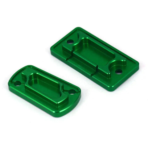 Front And Rear Brake Fluid Reservoir Cover CNC Cap Set For KX125 KX250 03 08 KX250F 04 18 KX250 19 20 KX450F 06 18 KLX300R 2020 KLX450R 08 15 Dirt Bike Green With Durable 6061 Aluminum CNC Machined Finish For Easy Install showcasing two green anodized aluminum covers