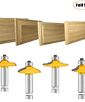 Door And Drawer Front Edging Router Bit Set With One Half Inch Shank Four Piece Pro Grade Woodworking Milling Cutter Tools Carbide Cutter For Cnc Router Includes Thumbnail Bit Two Ogee Bits One Large One Small And Roundover With Ogee Bit displayed with wooden profiles and bit set