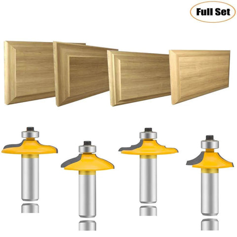 Door And Drawer Front Edging Router Bit Set With One Half Inch Shank Four Piece Pro Grade Woodworking Milling Cutter Tools Carbide Cutter For Cnc Router Includes Thumbnail Bit Two Ogee Bits One Large One Small And Roundover With Ogee Bit displayed with wooden profiles and bit set