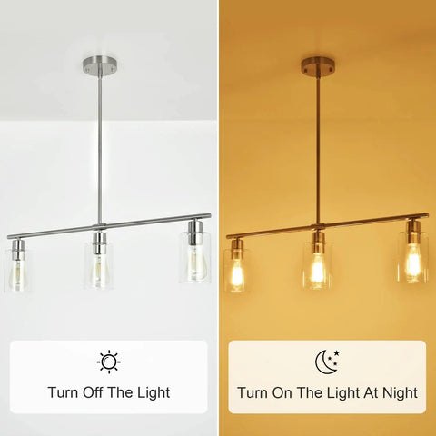 Three Light Pendant With Clear Glass Shades In Brushed Nickel For Kitchen Island And Dining Room, off and on lighting illustration