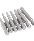 Straight Up Durable 14 Piece Torx Security Star Screwdriver Bits Set Built Like A Tank With S2 Steel slick five point tips arranged in a row.