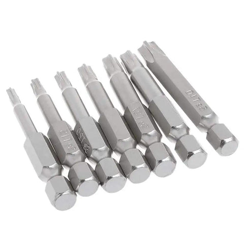 Straight Up Durable 14 Piece Torx Security Star Screwdriver Bits Set Built Like A Tank With S2 Steel slick five point tips arranged in a row.