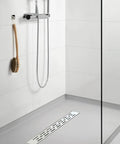 Modern bathroom with 24 Inch Linear Shower Drain With Bar Pattern Grate Stainless Steel AISI 304 Built To Last Rustproof