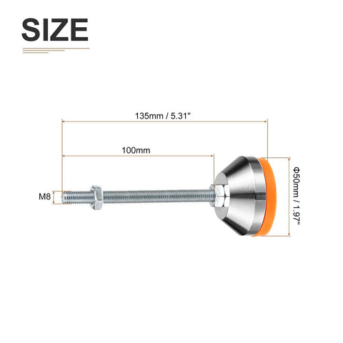 Heavy Duty Adjustable Leveling Feet With M8 X 100mm Thread showing dimensions 135mm tall and 50mm wide swivel base design.