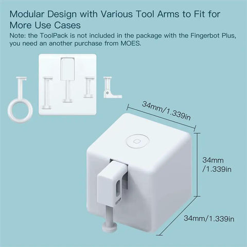 Dimensions and modular tool arms of 2nd Gen Smart Bluetooth Fingerbot Plus Wireless Light Switch Button Pusher, Remote Control With Smart Life Tuya App, Add Fingerbot Hub For Alexa And Google Home Compatibility, Point-To-Point Bluetooth Control