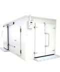 Rock Solid Modular Walk In Freezer Rigged With Heavy Duty Insulated Panels For Commercial Blast Freezing And Deep Cold Storage exterior view with sliding door feature.