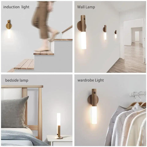 Wooden LED Night Lights With Motion Sensor Dual Sensing Photosensitive And Infrared, wall mounted for stairs, hallway, bedroom, wardrobe.