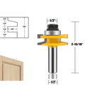 Pro Grade 3 Piece Router Bit Set With Half Inch Shank for raised panel cabinet doors, showing bit dimensions and use in door panel.